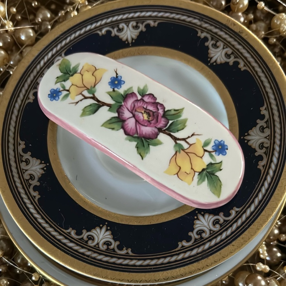 Vintage Hand Painted Ceramic Floral Hair Barrette